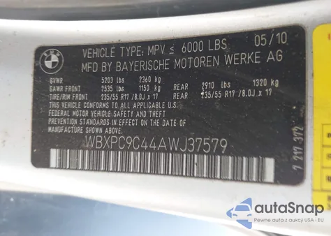 2010 BMW X3 xDrive30I z USA, uszkodzony, nr VIN WBXPC9C44AWJ37579